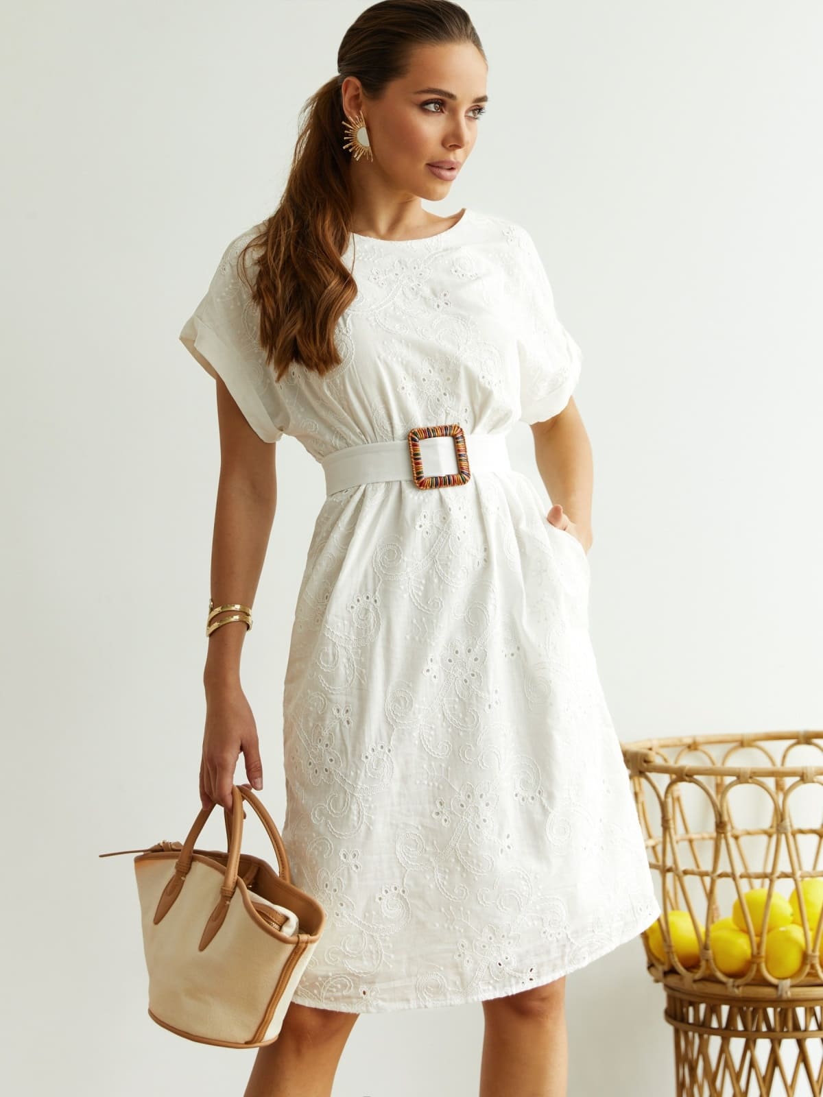 Літня сукня з прошви прямого крою молочна | 96441