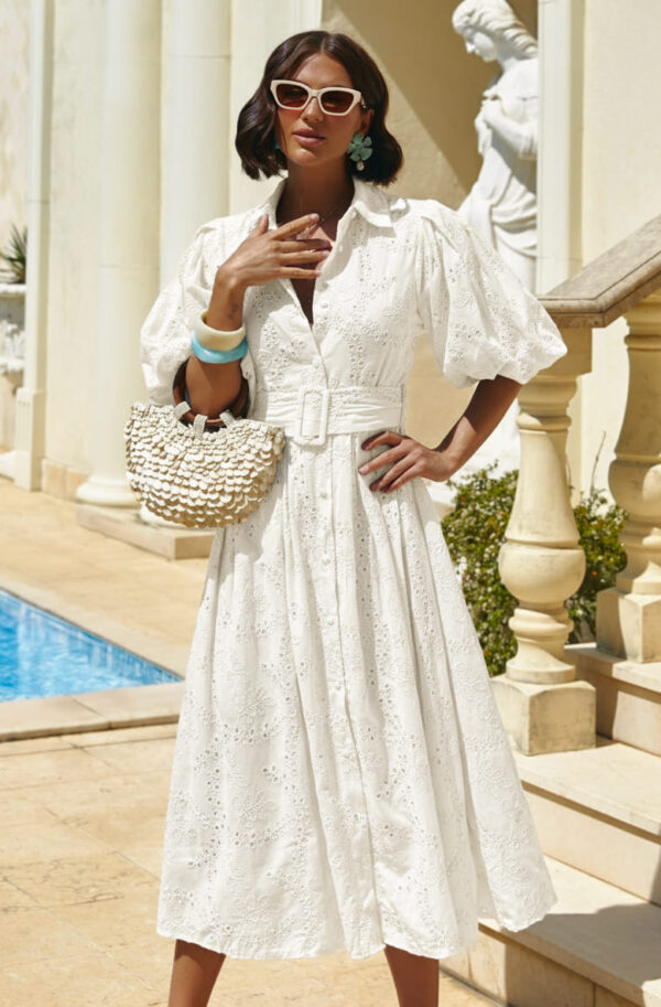 Літня сукня-сорочка із рукавами буф біла | 95870