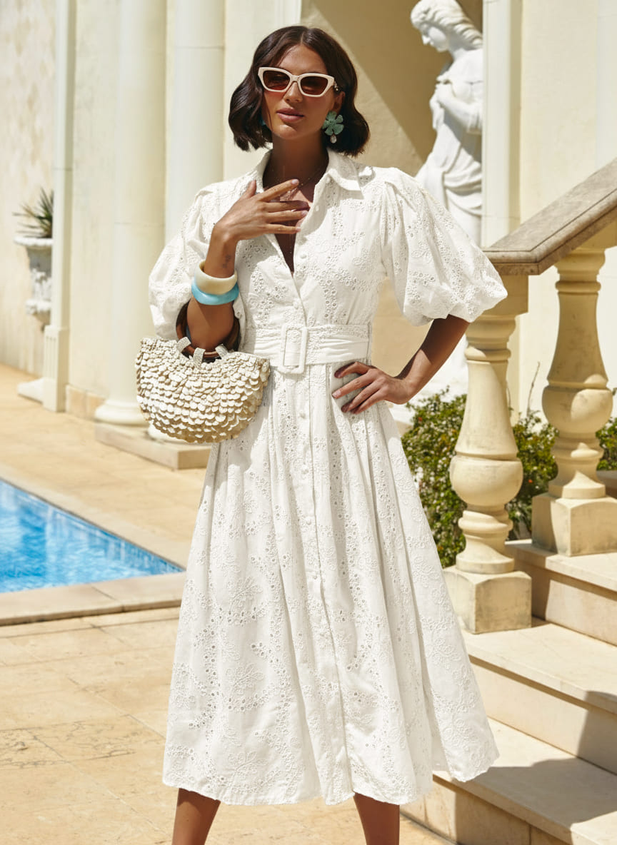 Літня сукня-сорочка із рукавами буф біла | 95870