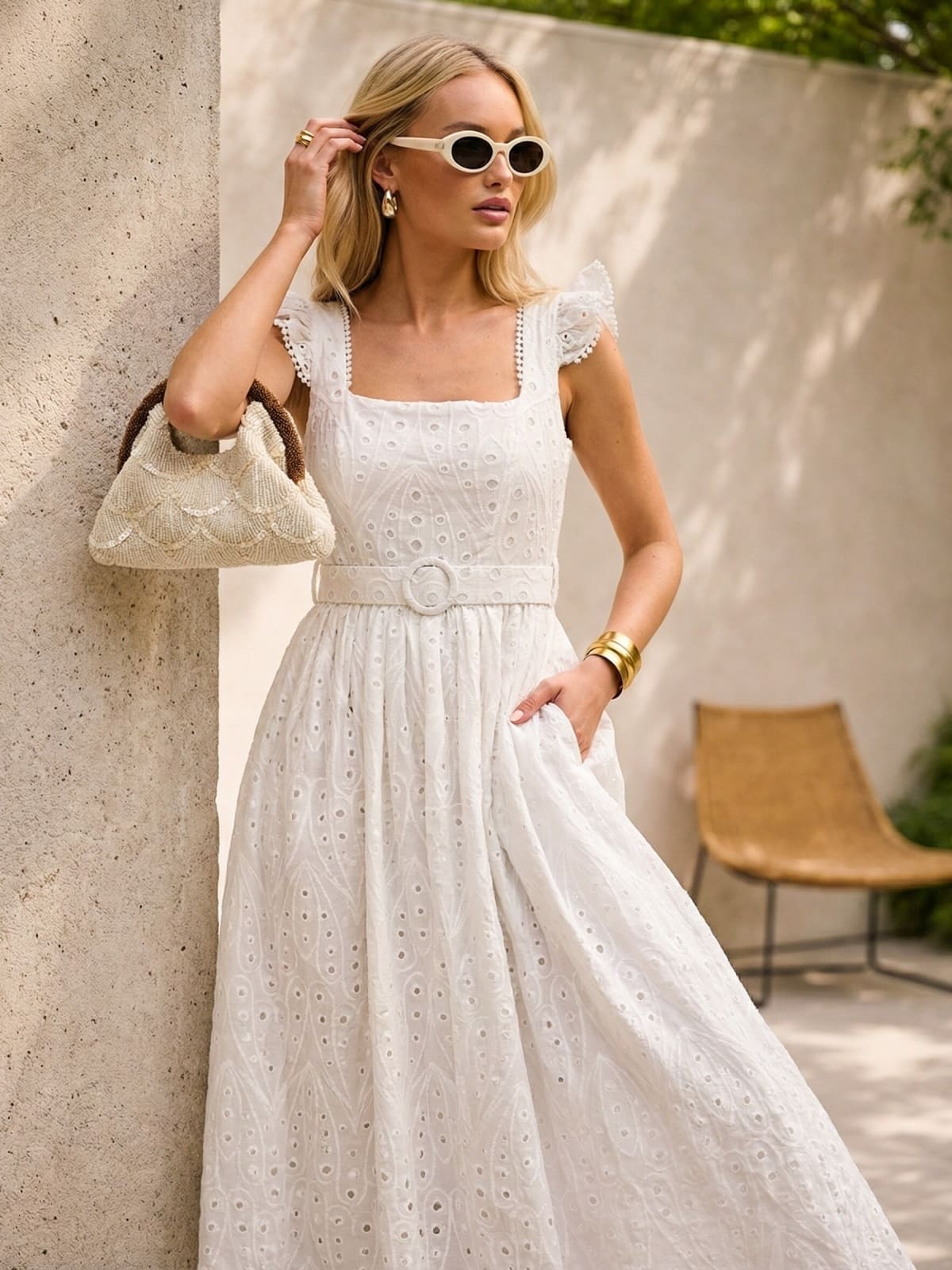 Сукня з прошви з рукавами-крильцями біла | 96037