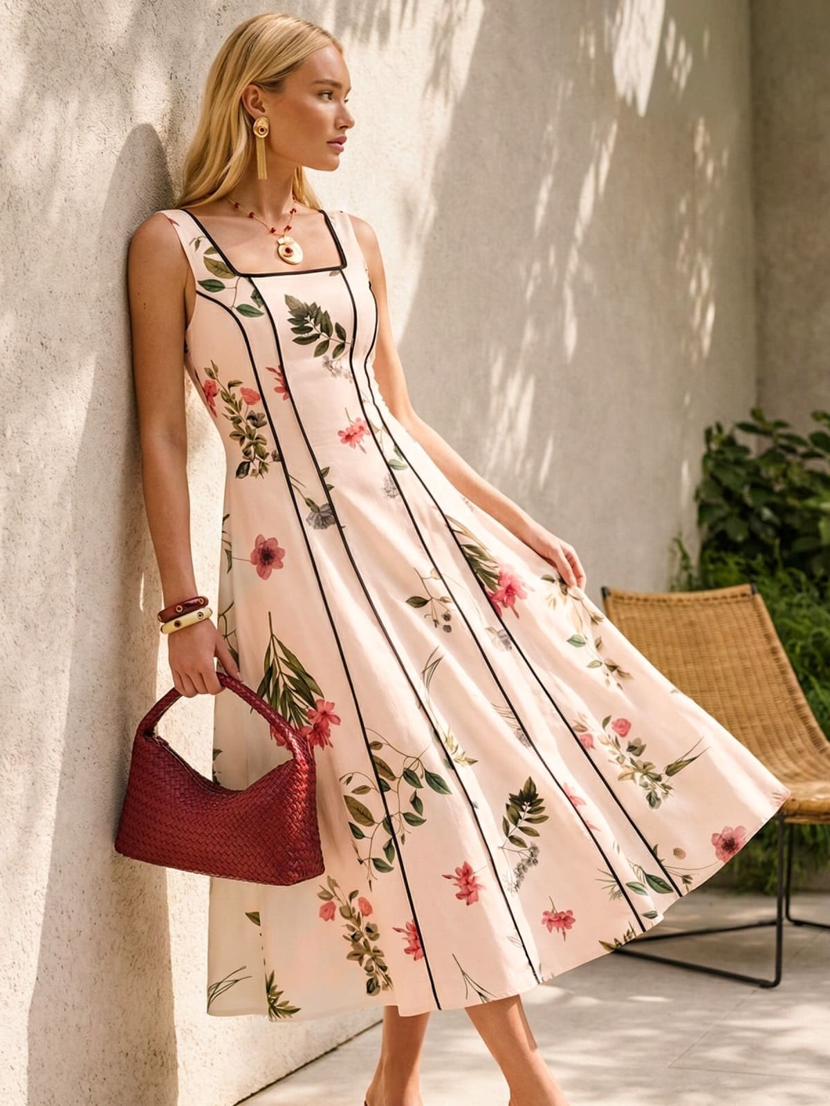 Сарафан з флористичним візерунком бежевий | 96405