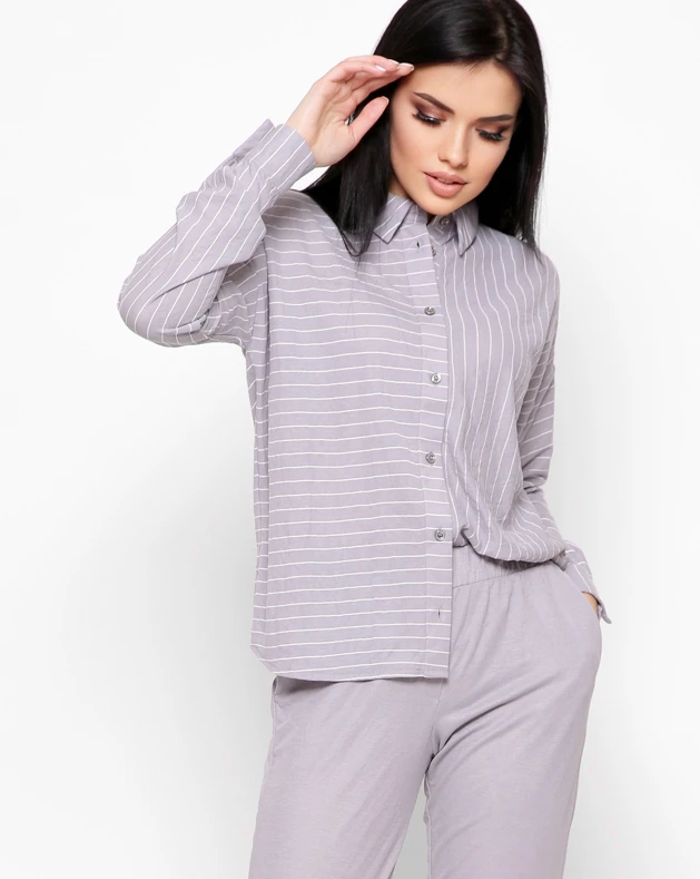 Смугаста сорочка вільного крою сіра | 96484