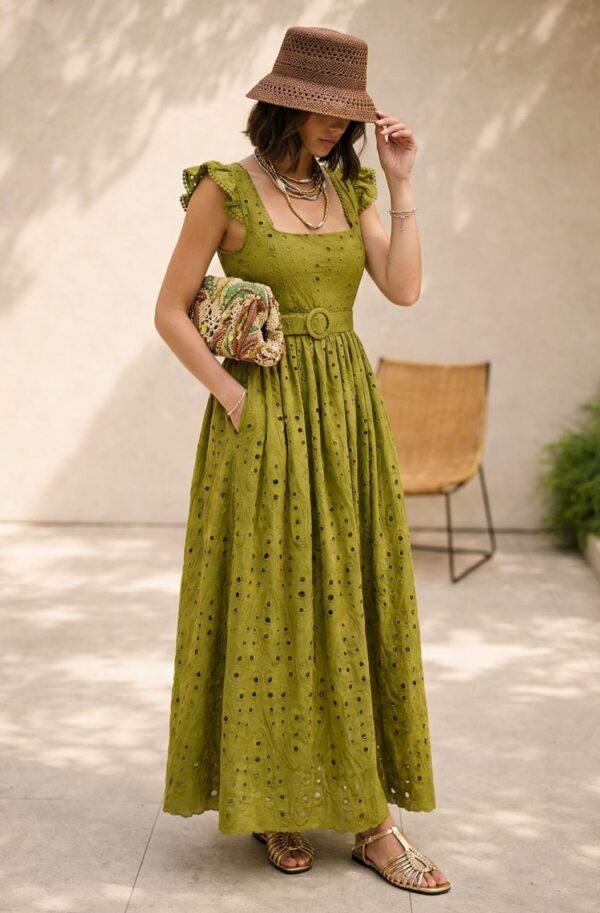 Літня сукня з прошви кольору хакі | 95996