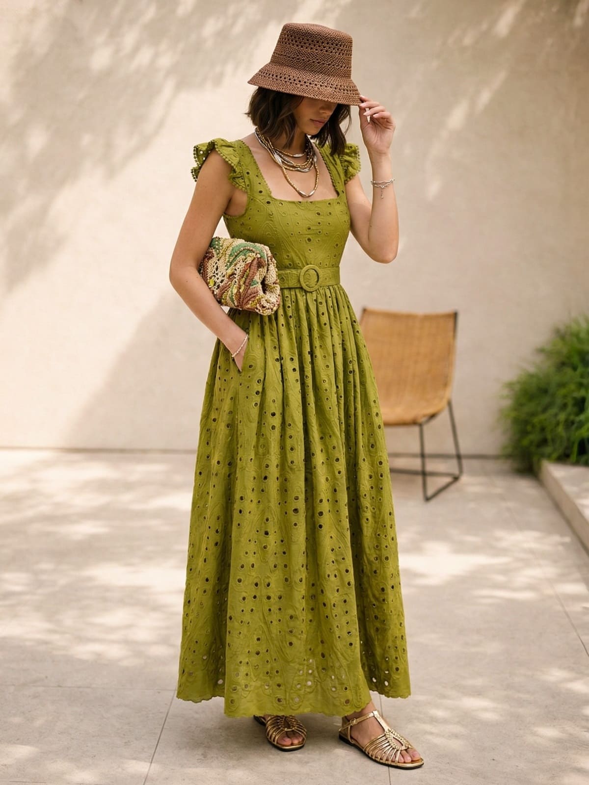 Літня сукня з прошви кольору хакі | 95996 Літня сукня з прошви кольору хакі | 95996