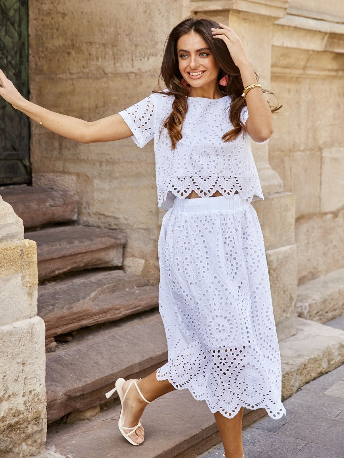 Костюм-двійка з прошви зі спідницею білий | 96357