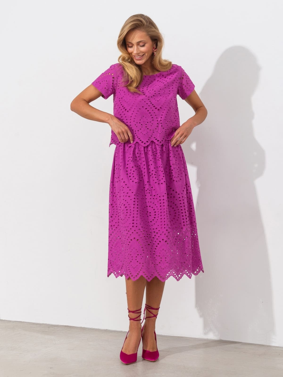 Костюм-двійка з прошви зі спідницею фуксія | 96381