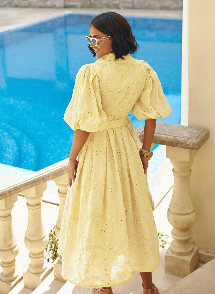 Літня сукня-сорочка із рукавами буф жовта | 95885