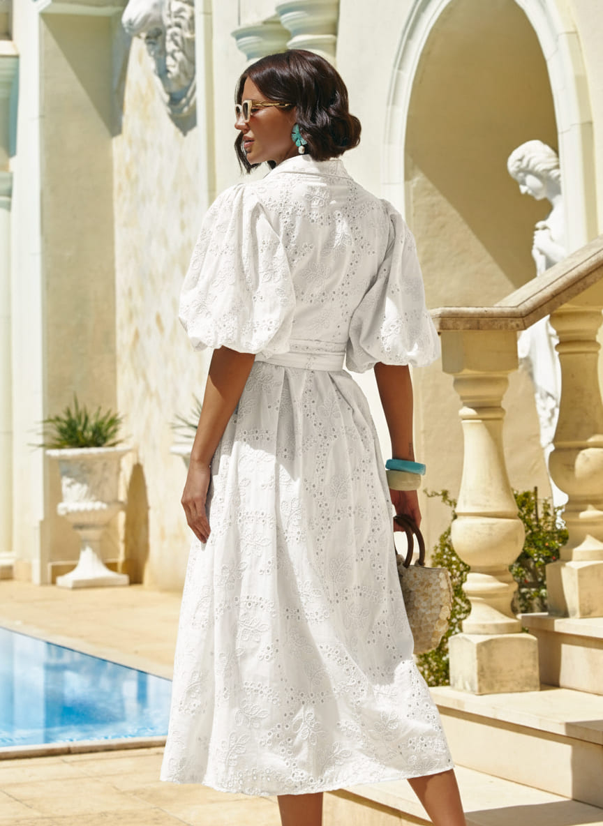 Літня сукня-сорочка із рукавами буф біла | 95870