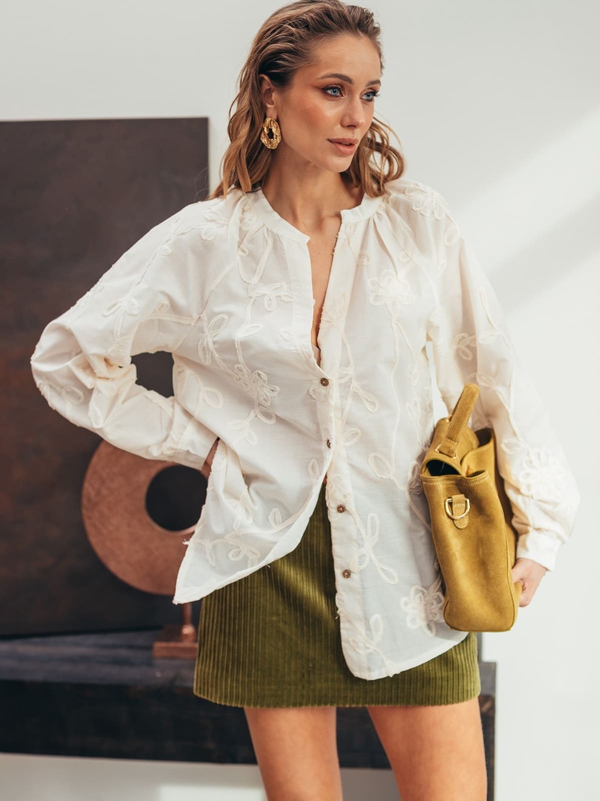 Бавовняна сорочка з декором-візерунком бежева | 95826