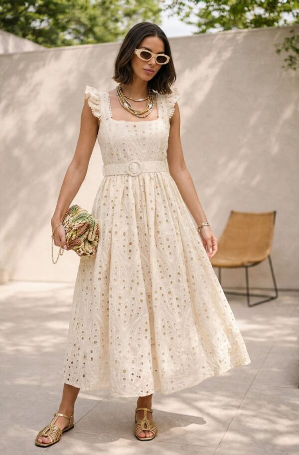 Сукня з прошви з рукавами-крильцями бежева | 96021