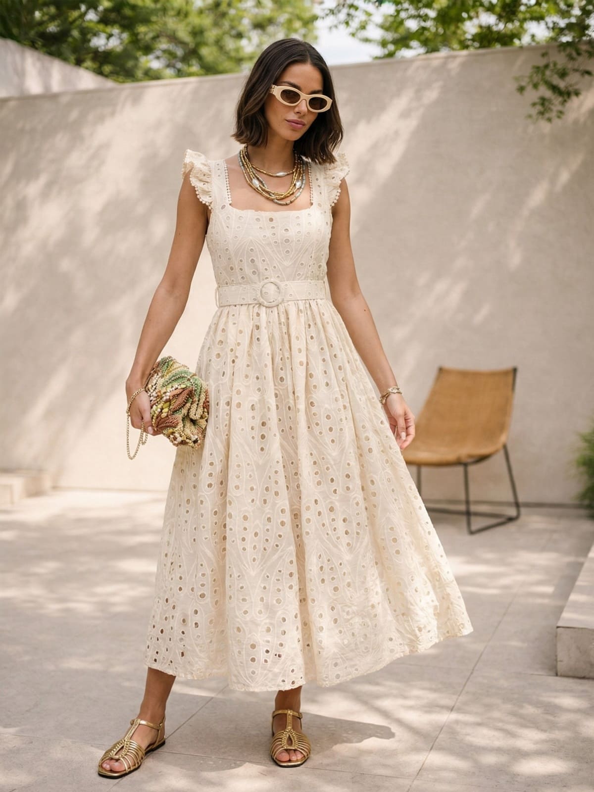 Сукня з прошви з рукавами-крильцями бежева | 96021