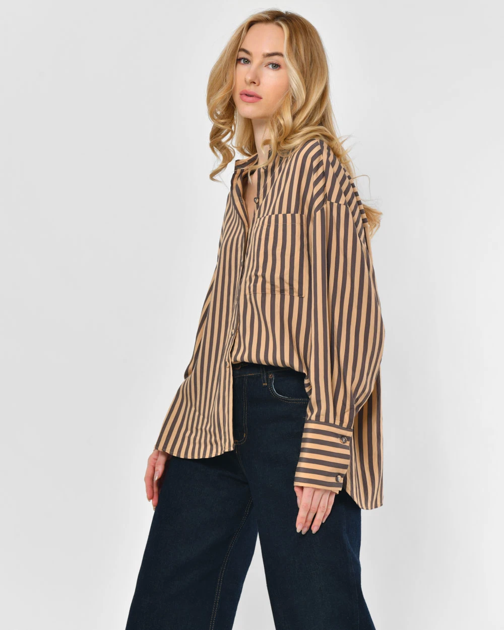 Жіноча сорочка у вертикальну смужку бежева | 95861