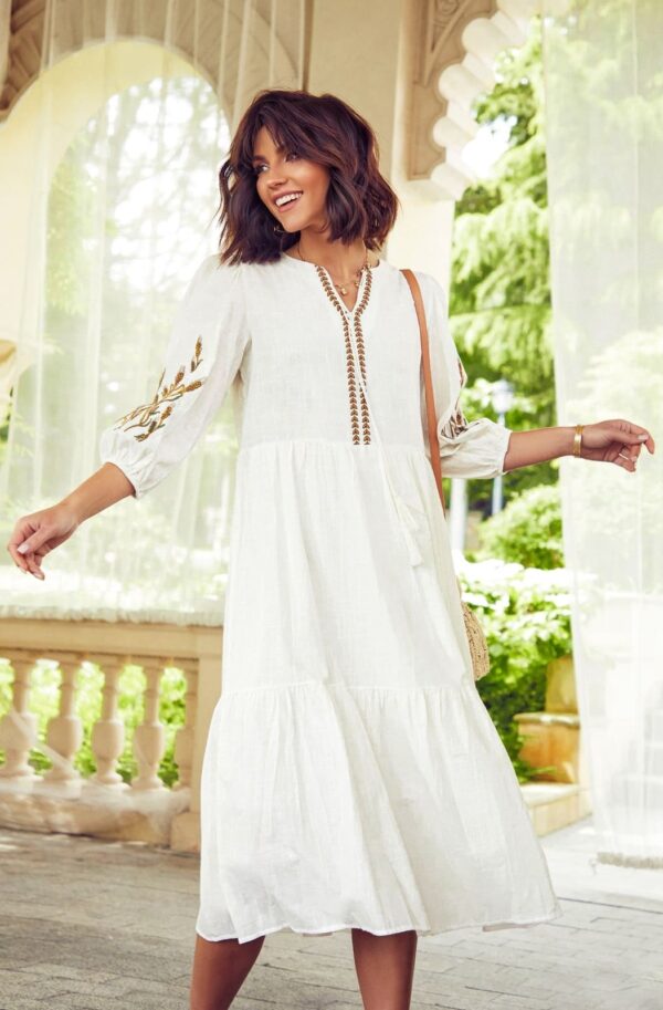 Бавовняна сукня з вишивкою А-силуету біла | 95982