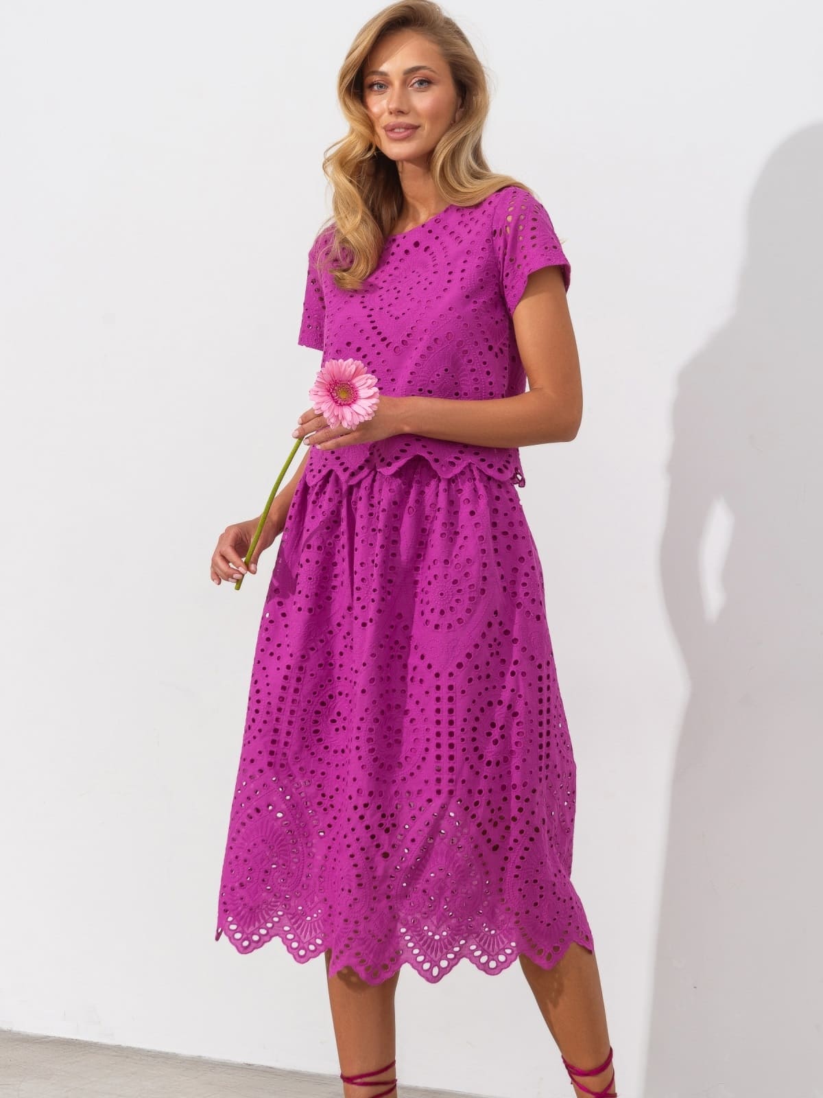 Костюм-двійка з прошви зі спідницею фуксія | 96381