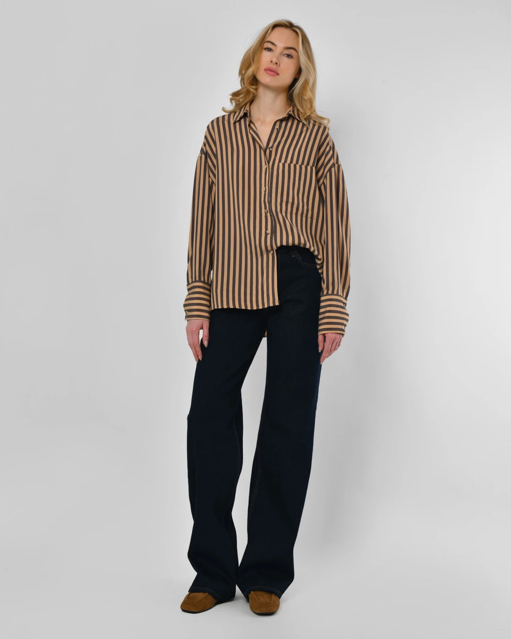 Жіноча сорочка у вертикальну смужку бежева | 95861