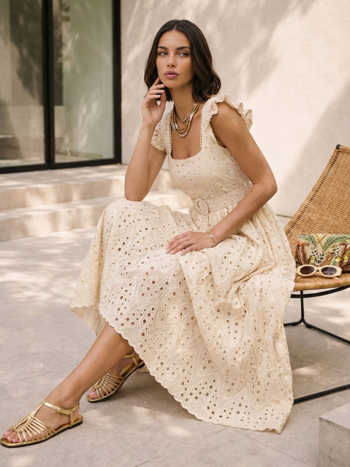 Сукня з прошви з рукавами-крильцями бежева | 96021