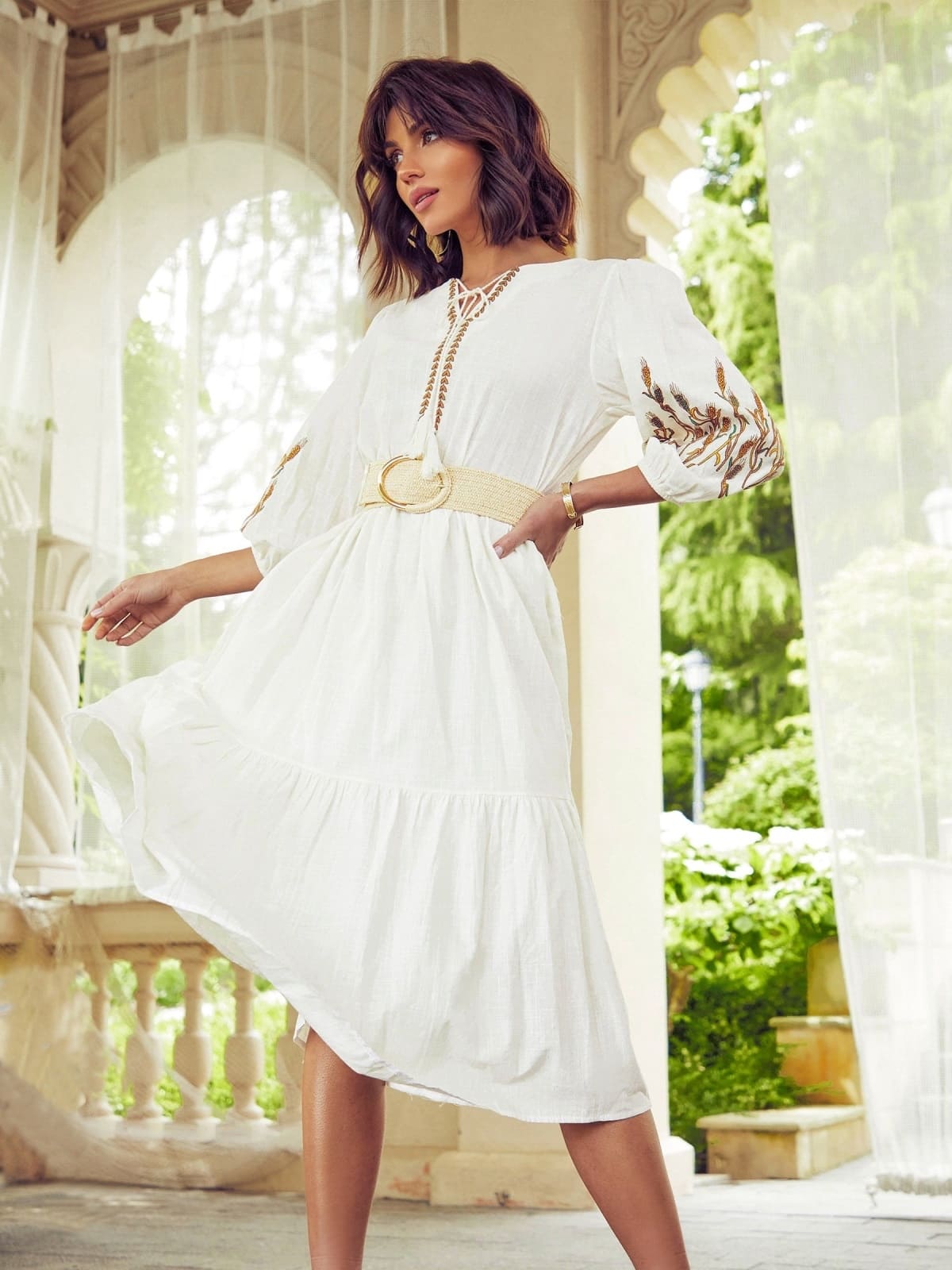 Бавовняна сукня з вишивкою А-силуету біла | 95982