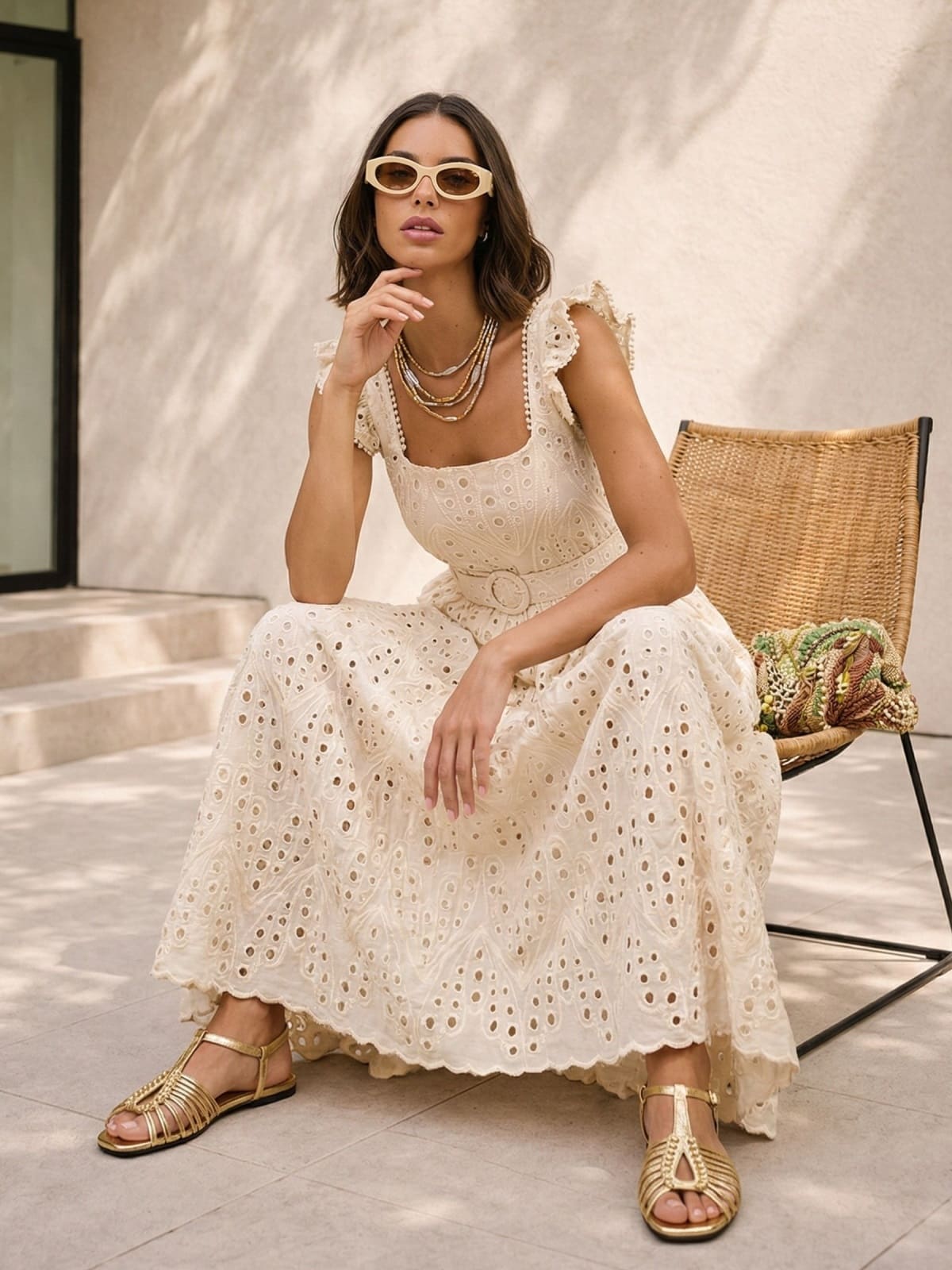 Сукня з прошви з рукавами-крильцями бежева | 96021