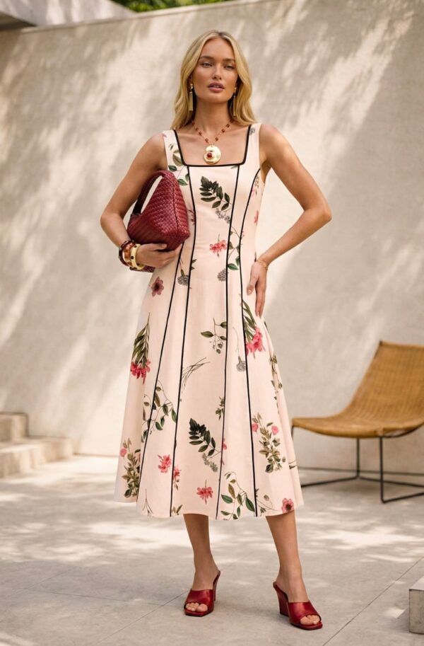 Сарафан з флористичним візерунком бежевий | 96405