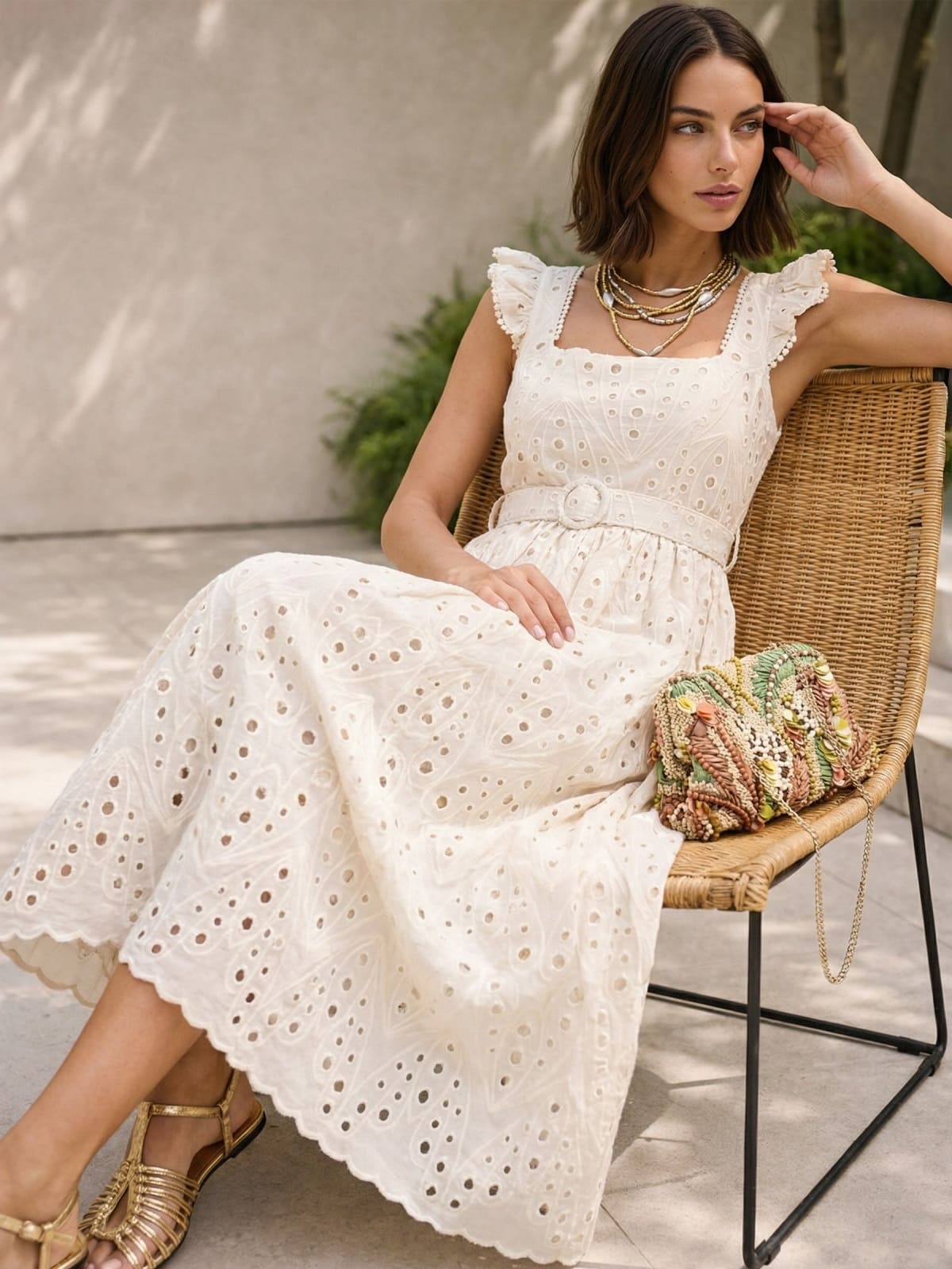 Сукня з прошви з рукавами-крильцями бежева | 96021