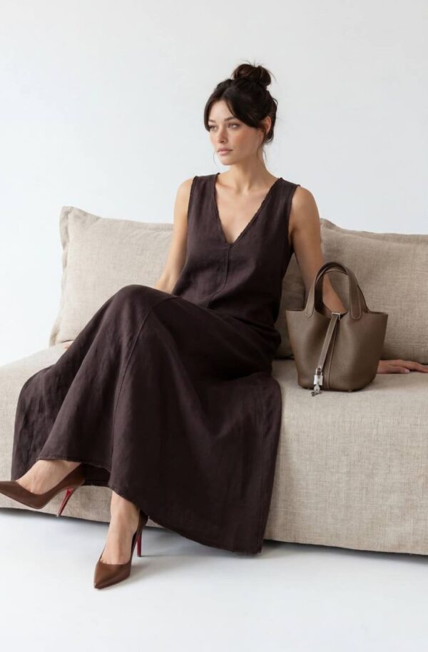 FashionSets - Головна 10 Літня довга сукня з льону коричнева | 99240