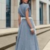 Розкльошена муслінова сукня синя з вишивкою | 99210