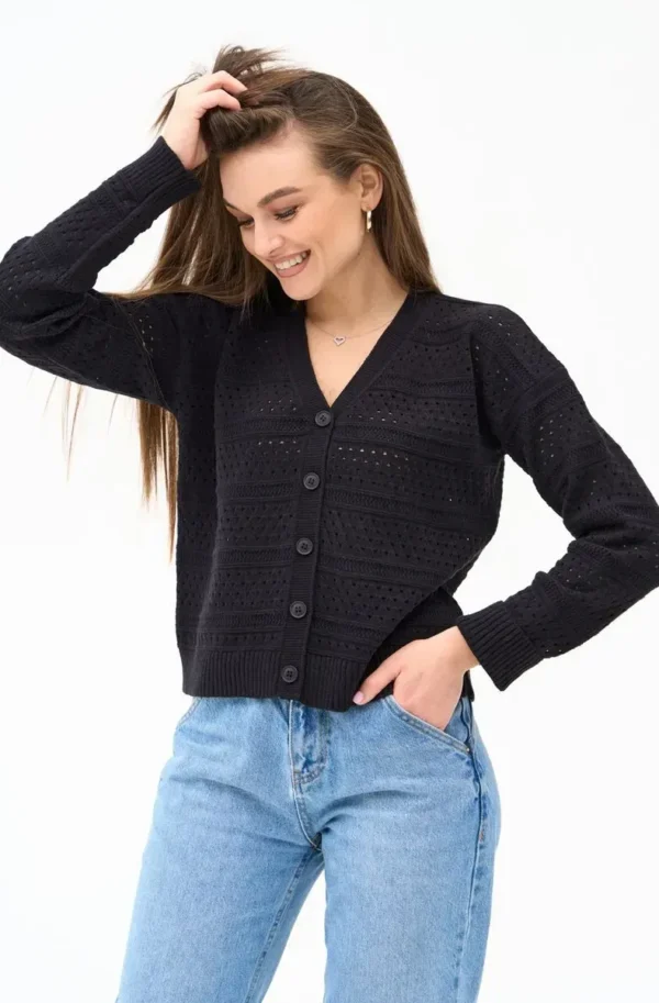 FashionSets - Головна 11 Жіночий в'язаний ажурний кардиган чорний | 99643