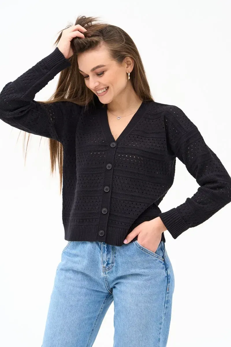 Жіночий в'язаний ажурний кардиган чорний | 99643