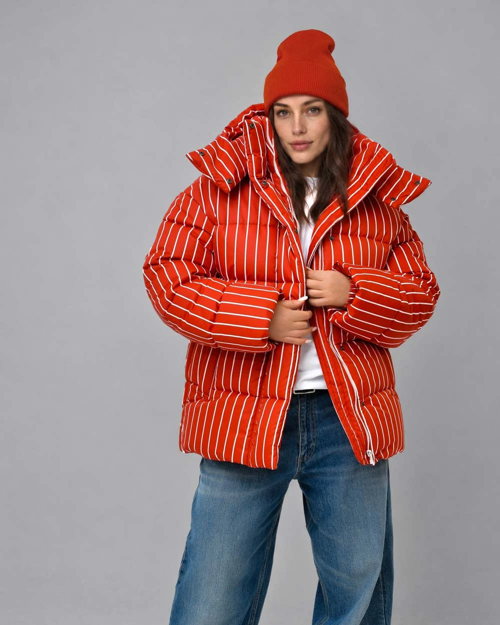 Зимовий пуховик oversize у смужку червоний | 100732 3 Зимовий пуховик oversize у смужку червоний | 100732