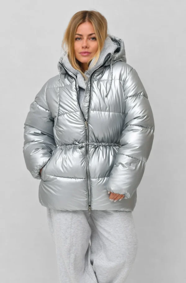 FashionSets - Головна 13 Зимова коротка куртка з капюшоном срібляста | 101111