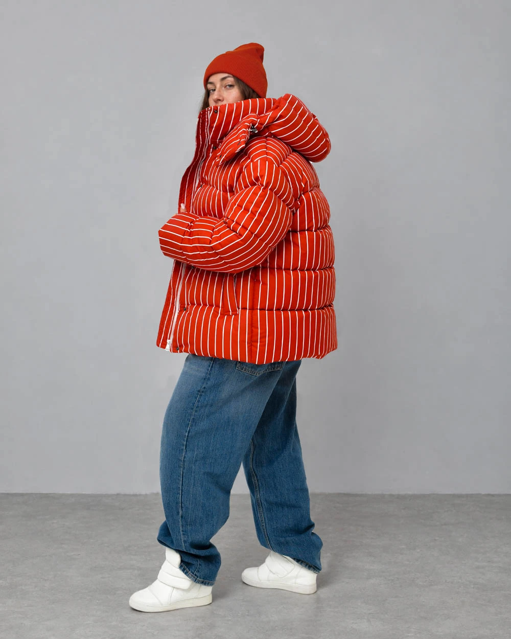 Зимовий пуховик oversize у смужку червоний | 100732 7 Зимовий пуховик oversize у смужку червоний | 100732