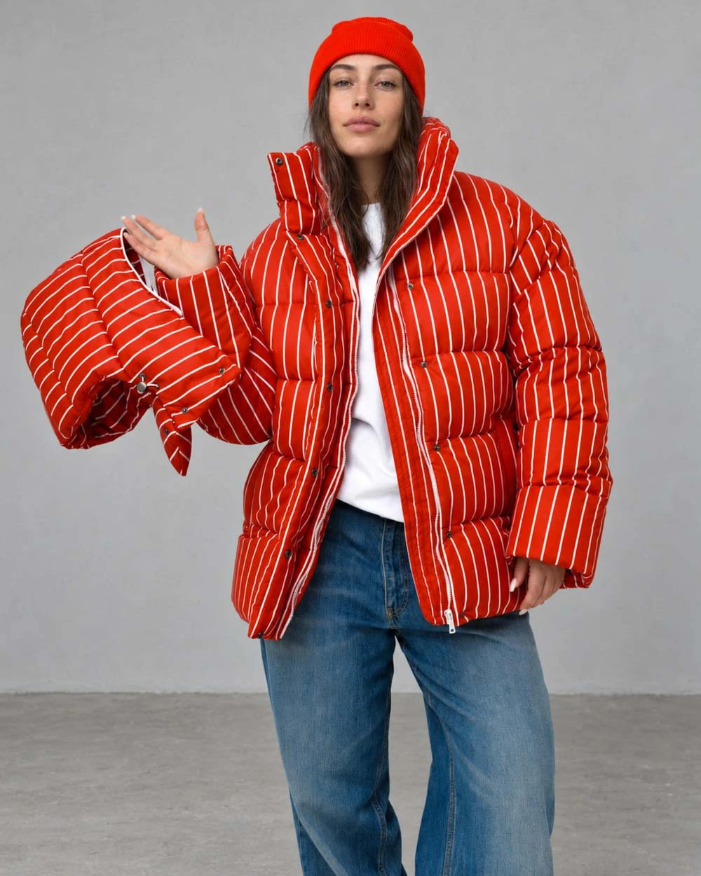 Зимовий пуховик oversize у смужку червоний | 100732 4 Зимовий пуховик oversize у смужку червоний | 100732