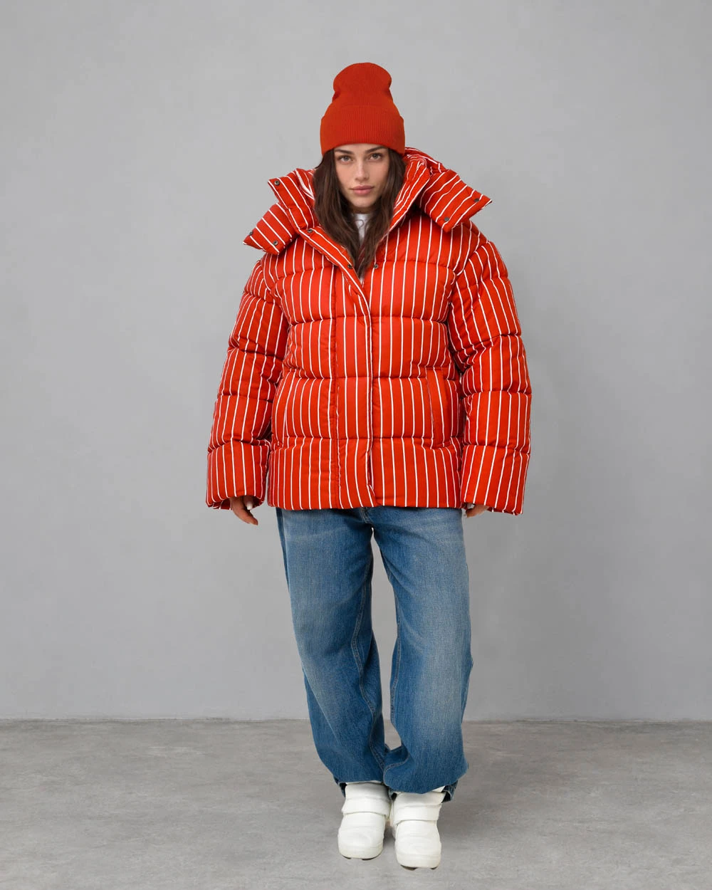 Зимовий пуховик oversize у смужку червоний | 100732 5 Зимовий пуховик oversize у смужку червоний | 100732