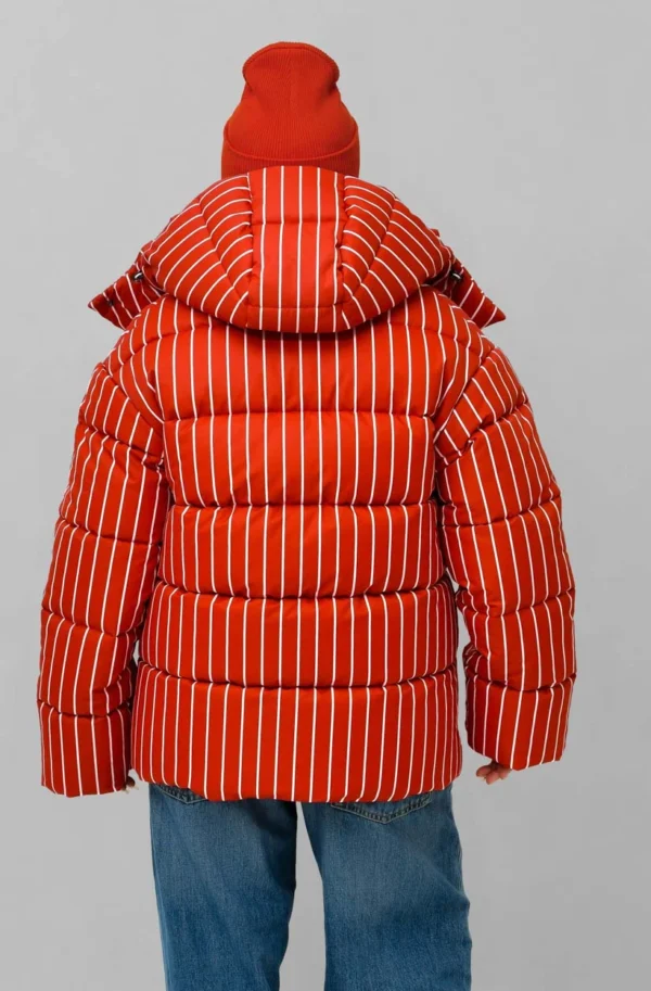 Зимовий пуховик oversize у смужку червоний | 100732